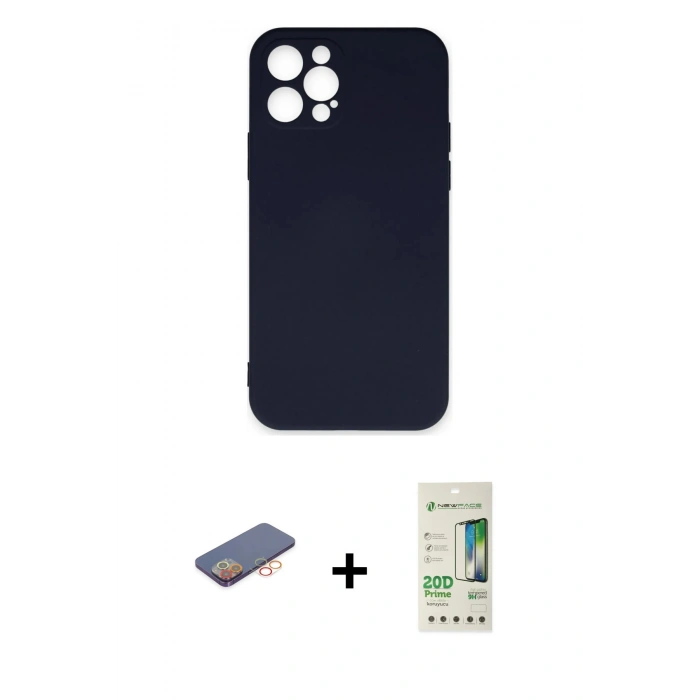 MARSİLYAN™- iPhone 12 Pro Max Kılıf Ahenk Serisi - Siyah 20D Premium Cam Ekran Koruyucu + Turuncu Renkli Kamera Lens Koruma Cam