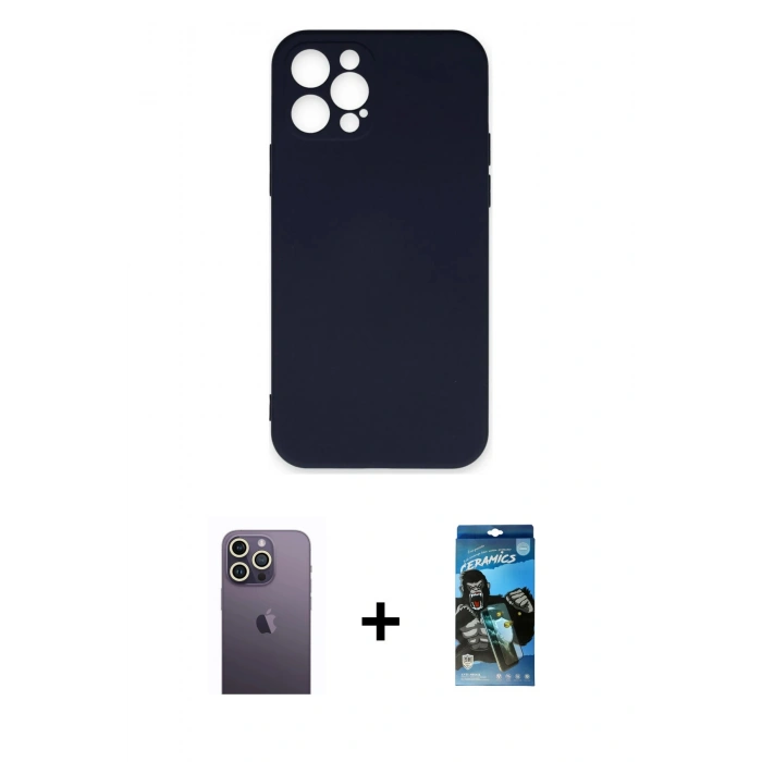 MARSİLYAN™- iPhone 12 Pro Max Kılıf Ahenk Serisi - Siyah 34D Izgaralı Cam + Neon Fosforlu Kamera Lens - BZ
