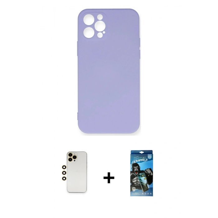 MARSİLYAN™- iPhone 12 Pro Max Kılıf Ahenk Serisi - Siyah 34D Izgaralı Cam + Shine Kamera Lens - GD