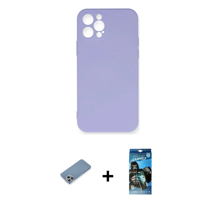 MARSİLYAN™- iPhone 12 Pro Max Kılıf Ahenk Serisi - Siyah 34D Izgaralı Cam + Shine Kamera Lens Koruma Cam - GS