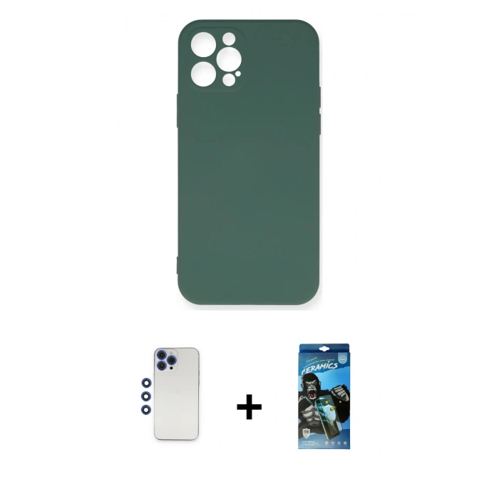 MARSİLYAN™- iPhone 12 Pro Max Kılıf Ahenk Serisi - Siyah 34D Izgaralı Cam + Lacivert Shine Kamera Lens