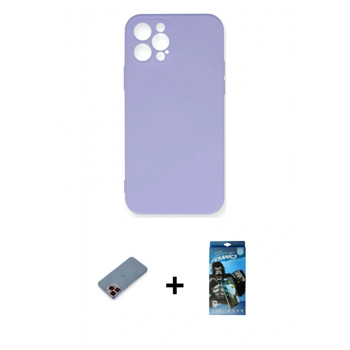 MARSİLYAN™- iPhone 12 Pro Max Kılıf Ahenk Serisi - Siyah 34D Izgaralı Cam + Metal Kamera Lens Koruma Cam - KI
