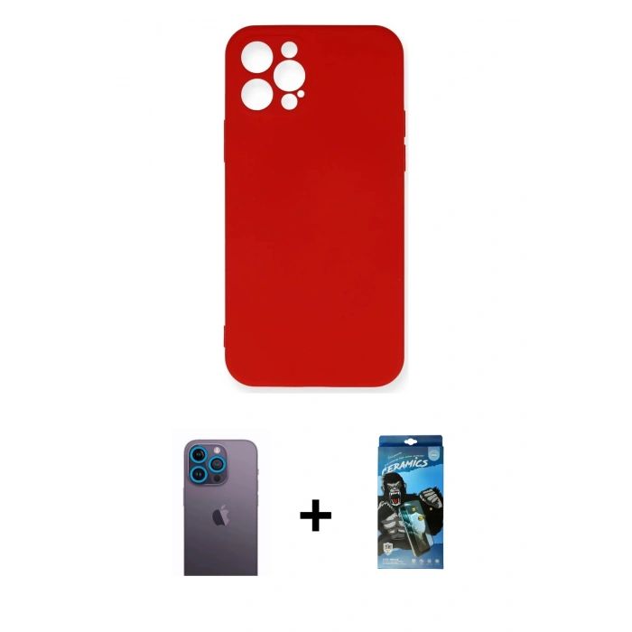 MARSİLYAN™- iPhone 12 Pro Max Kılıf Ahenk Serisi - Siyah 34D Izgaralı Cam + Neon Fosforlu Kamera Lens - MI