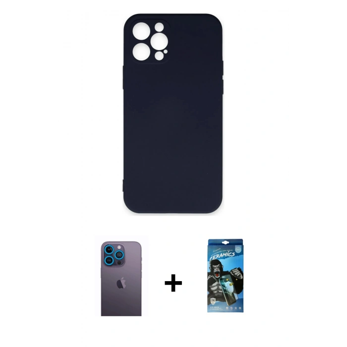 MARSİLYAN™- iPhone 12 Pro Max Kılıf Ahenk Serisi - Siyah 34D Izgaralı Cam + Neon Fosforlu Kamera Lens - MI
