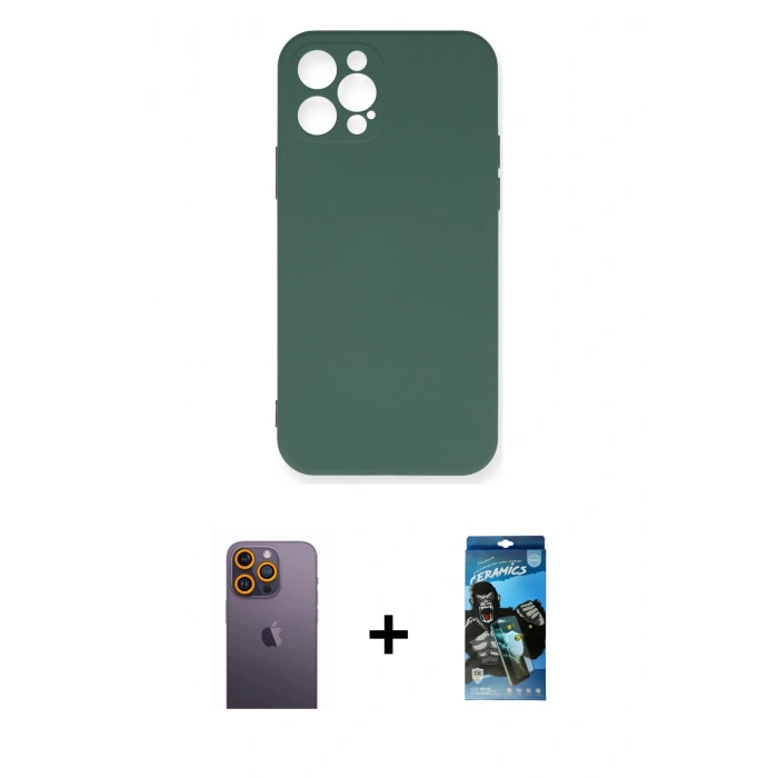 MARSİLYAN™- iPhone 12 Pro Max Kılıf Ahenk Serisi - Siyah 34D Izgaralı Cam + Neon Fosforlu Kamera Lens - SI