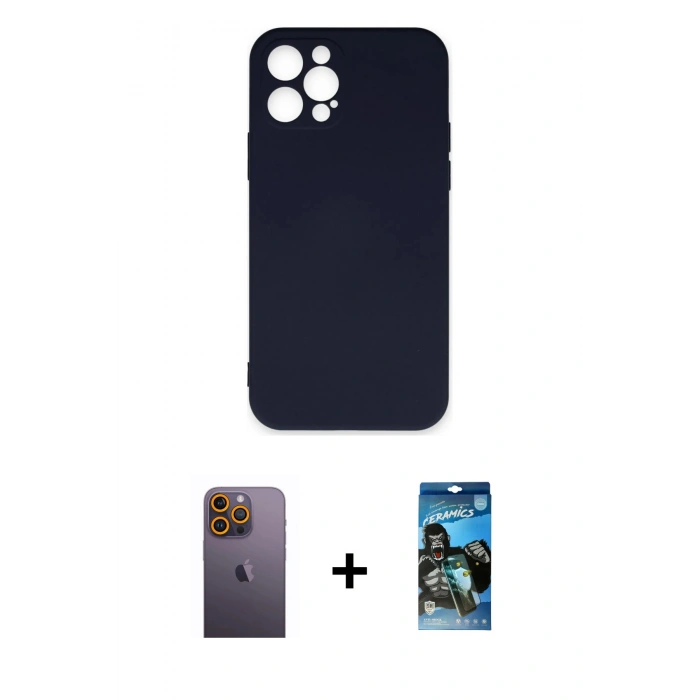 MARSİLYAN™- iPhone 12 Pro Max Kılıf Ahenk Serisi - Siyah 34D Izgaralı Cam + Neon Fosforlu Kamera Lens - SI