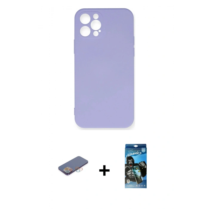 MARSİLYAN™- iPhone 12 Pro Max Kılıf Ahenk Serisi - Siyah 34D Izgaralı Cam + Pembe Renkli Kamera Lens Koruma Cam