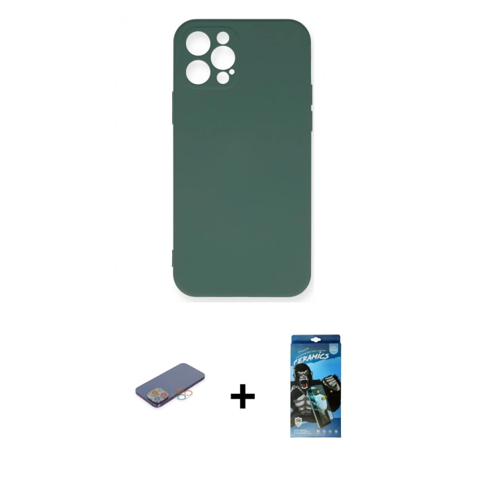 MARSİLYAN™- iPhone 12 Pro Max Kılıf Ahenk Serisi - Siyah 34D Izgaralı Cam + Pembe Renkli Kamera Lens Koruma Cam
