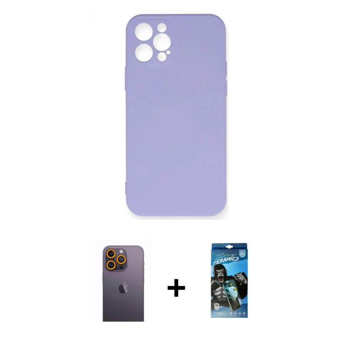 MARSİLYAN™- iPhone 12 Pro Max Kılıf Ahenk Serisi - Siyah 34D Izgaralı Cam + Neon Fosforlu Kamera Lens - SI