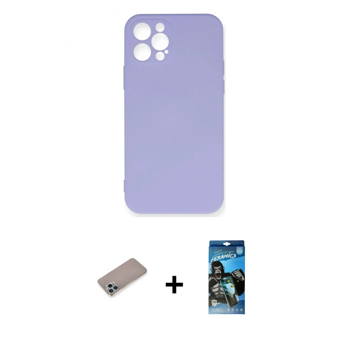 MARSİLYAN™- iPhone 12 Pro Max Kılıf Ahenk Serisi - Siyah 34D Izgaralı Cam + Shine Kamera Lens Koruma Cam - SABE