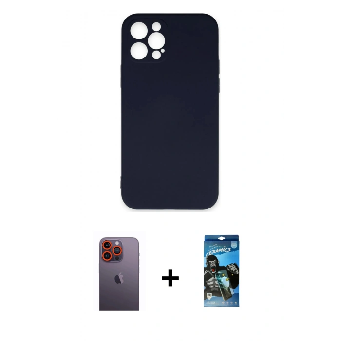 MARSİLYAN™- iPhone 12 Pro Max Kılıf Ahenk Serisi - Siyah 34D Izgaralı Cam + Turuncu Neon Fosforlu Kamera Lens