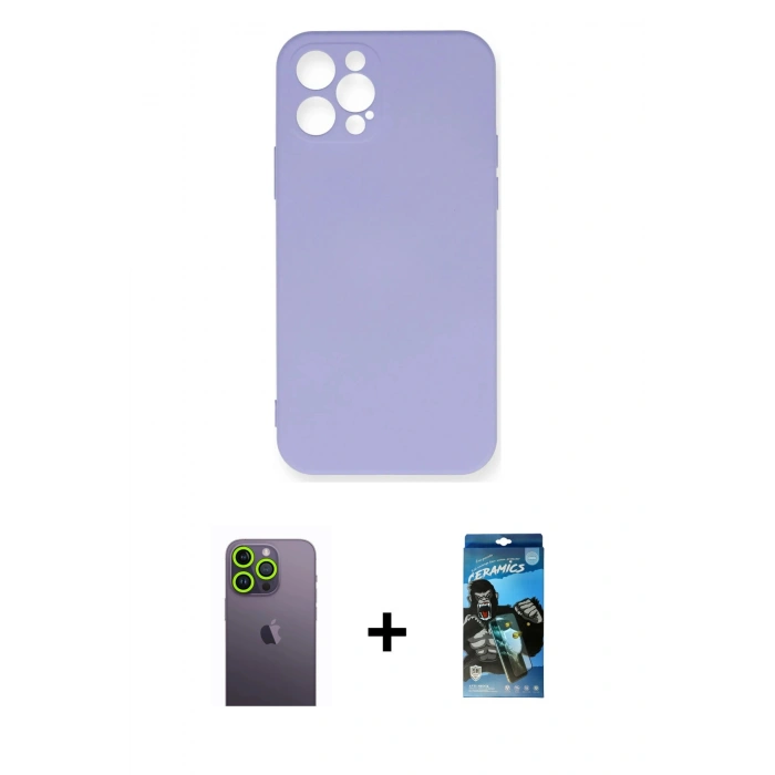 MARSİLYAN™- iPhone 12 Pro Max Kılıf Ahenk Serisi - Siyah 34D Izgaralı Cam + Neon Fosforlu Kamera Lens - YL