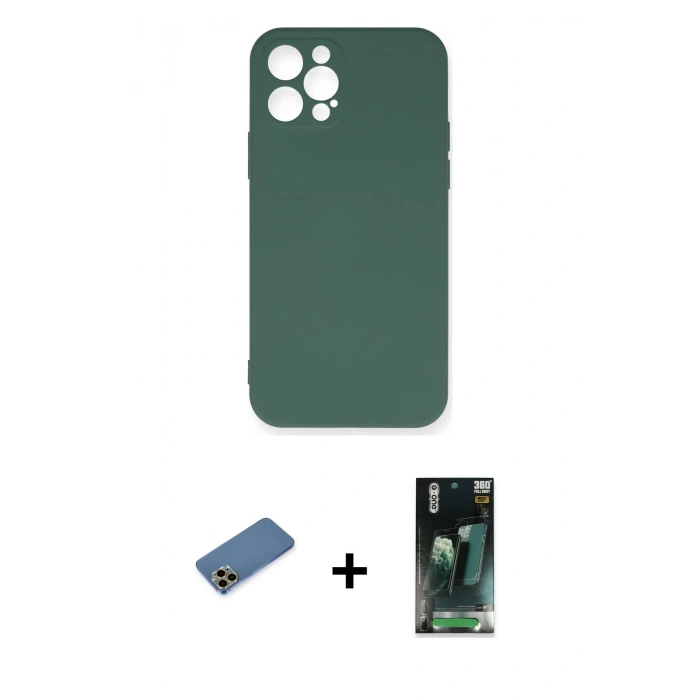 MARSİLYAN™- iPhone 12 Pro Max Kılıf Ahenk Serisi - Siyah 360 Mat Full Body Arka Koruyucu + Shine Kamera Lens Koruma Cam - GD
