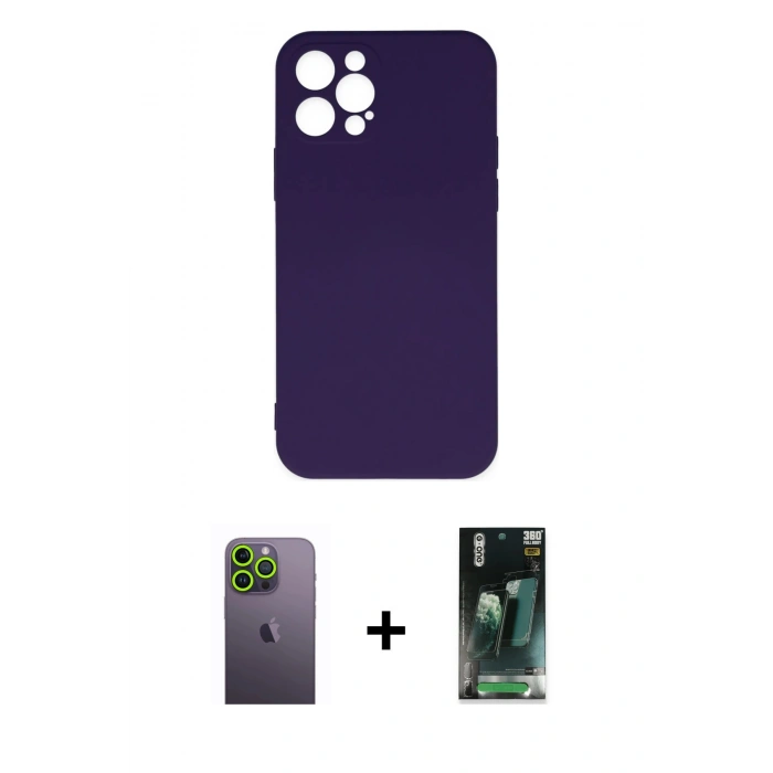 MARSİLYAN™- iPhone 12 Pro Max Kılıf Ahenk Serisi - Siyah 360 Mat Full Body Arka Koruyucu + Neon Fosforlu Kamera Lens - YL