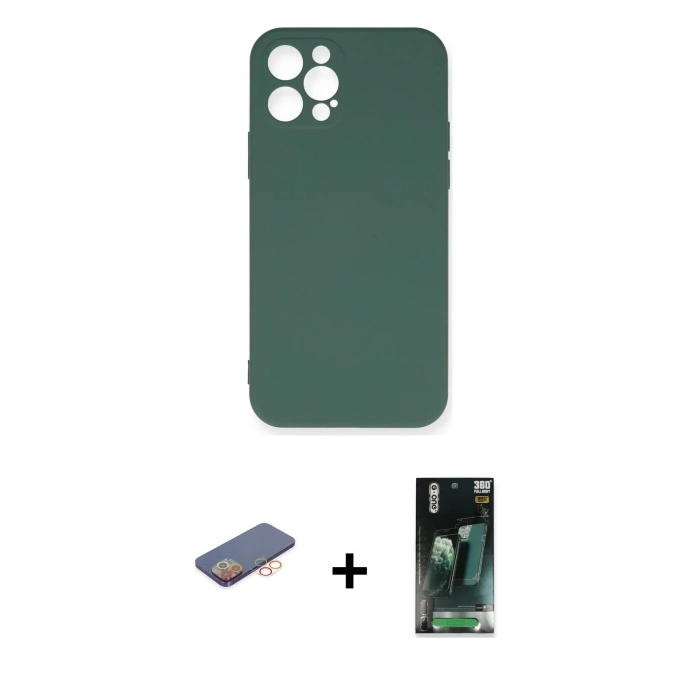MARSİLYAN™- iPhone 12 Pro Max Kılıf Ahenk Serisi - Siyah 360 Mat Full Body Arka Koruyucu + Renkli Kamera Lens Koruma Cam - TU