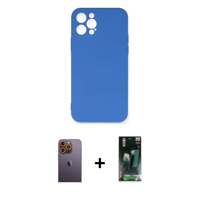 MARSİLYAN™- iPhone 12 Pro Max Kılıf Ahenk Serisi - Siyah 360 Mat Full Body Arka Koruyucu + Neon Fosforlu Kamera Lens - SI