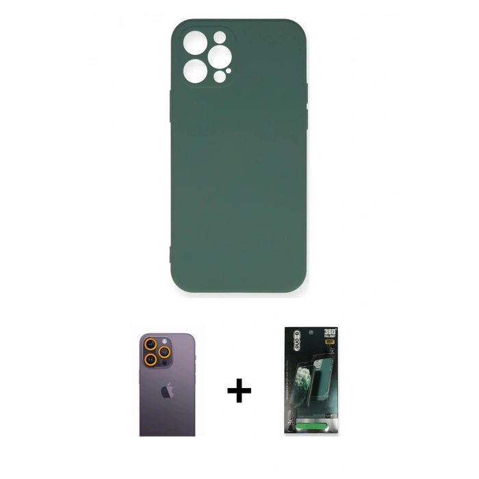 MARSİLYAN™- iPhone 12 Pro Max Kılıf Ahenk Serisi - Siyah 360 Mat Full Body Arka Koruyucu + Neon Fosforlu Kamera Lens - SI