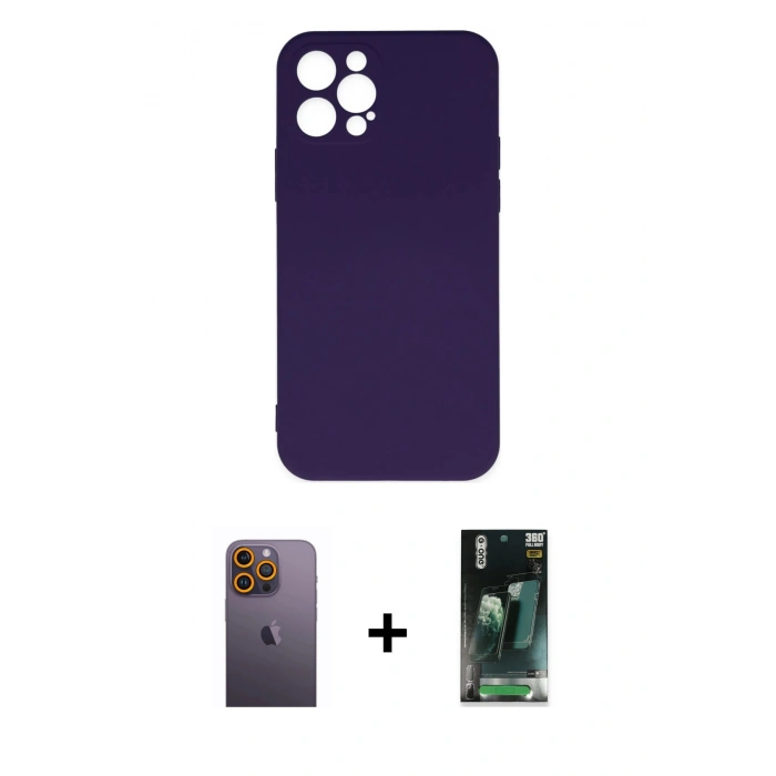 MARSİLYAN™- iPhone 12 Pro Max Kılıf Ahenk Serisi - Siyah 360 Mat Full Body Arka Koruyucu + Neon Fosforlu Kamera Lens - SI