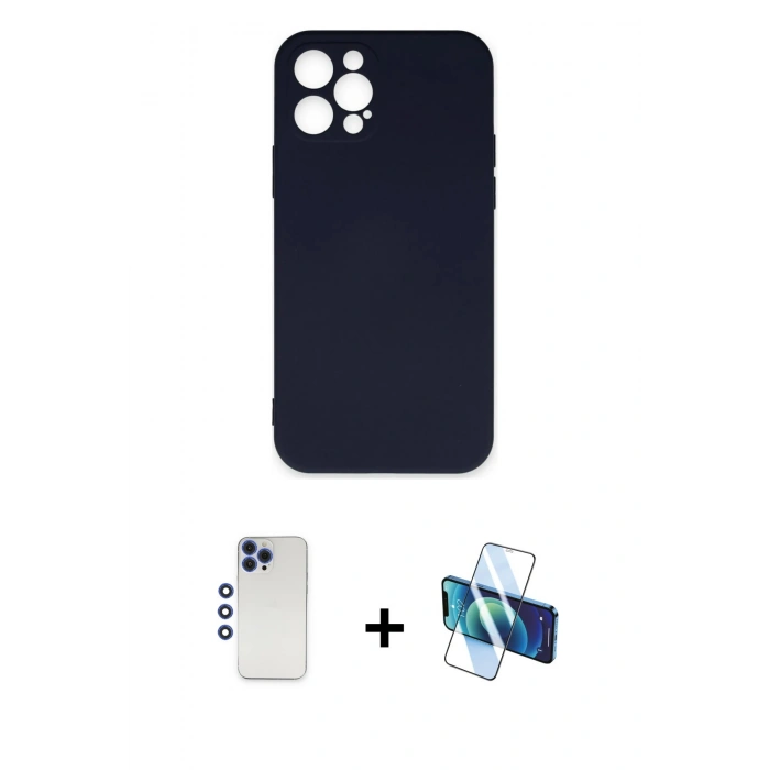 MARSİLYAN™- iPhone 12 Pro Max Kılıf Ahenk Serisi - Siyah 3D Antistatik Cam Ekran Koruyucu + Shine Kamera Lens - LT