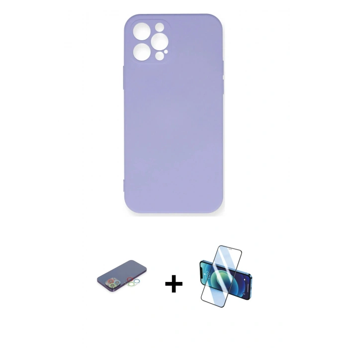 MARSİLYAN™- iPhone 12 Pro Max Kılıf Ahenk Serisi - Siyah 3D Antistatik Cam Ekran Koruyucu + Renkli Kamera Lens Koruma Cam - MI