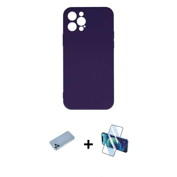 MARSİLYAN™- iPhone 12 Pro Max Kılıf Ahenk Serisi - Siyah 3D Antistatik Cam Ekran Koruyucu + Mavi Shine Kamera Lens Koruma Cam