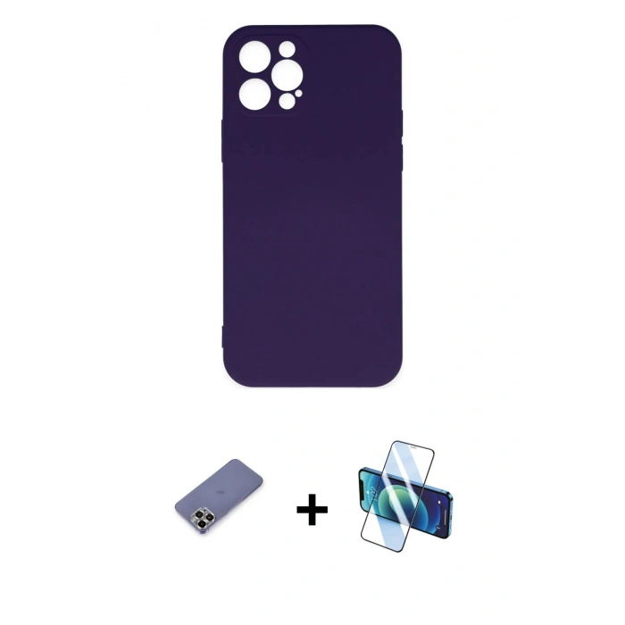MARSİLYAN™- iPhone 12 Pro Max Kılıf Ahenk Serisi - Siyah 3D Antistatik Cam Ekran Koruyucu + Metal Kamera Lens Koruma Cam - GD