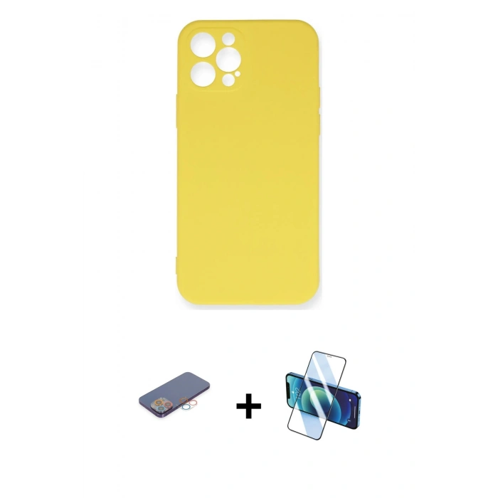 MARSİLYAN™- iPhone 12 Pro Max Kılıf Ahenk Serisi - Siyah 3D Antistatik Cam Ekran Koruyucu + Pembe Renkli Kamera Lens Koruma Cam