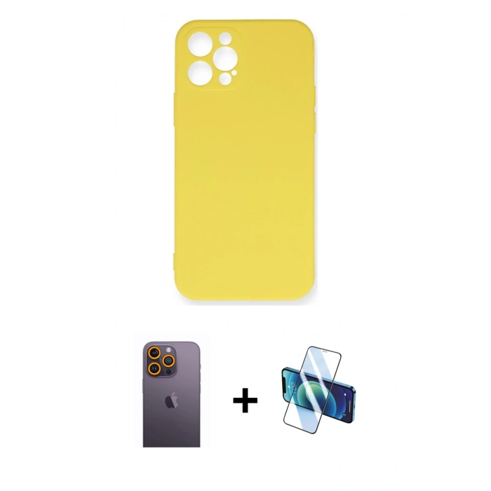 MARSİLYAN™- iPhone 12 Pro Max Kılıf Ahenk Serisi - Siyah 3D Antistatik Cam Ekran Koruyucu + Neon Fosforlu Kamera Lens - SI