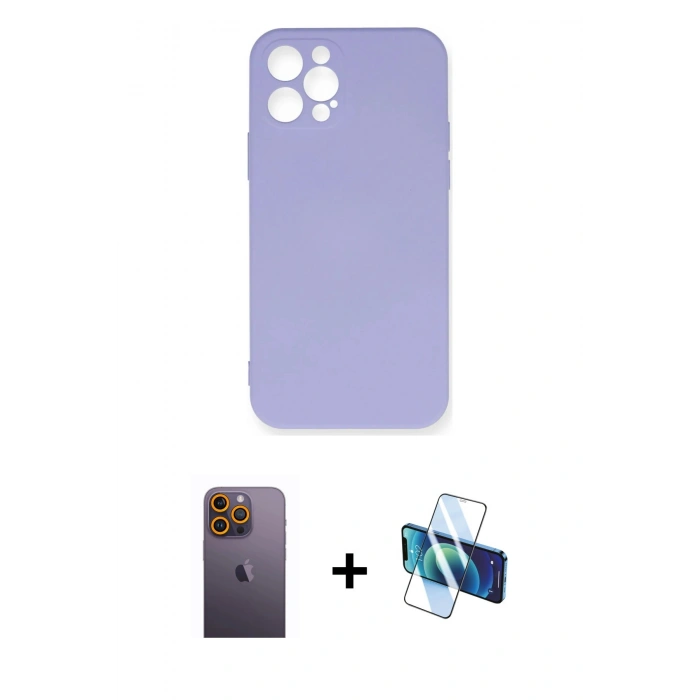 MARSİLYAN™- iPhone 12 Pro Max Kılıf Ahenk Serisi - Siyah 3D Antistatik Cam Ekran Koruyucu + Neon Fosforlu Kamera Lens - SI
