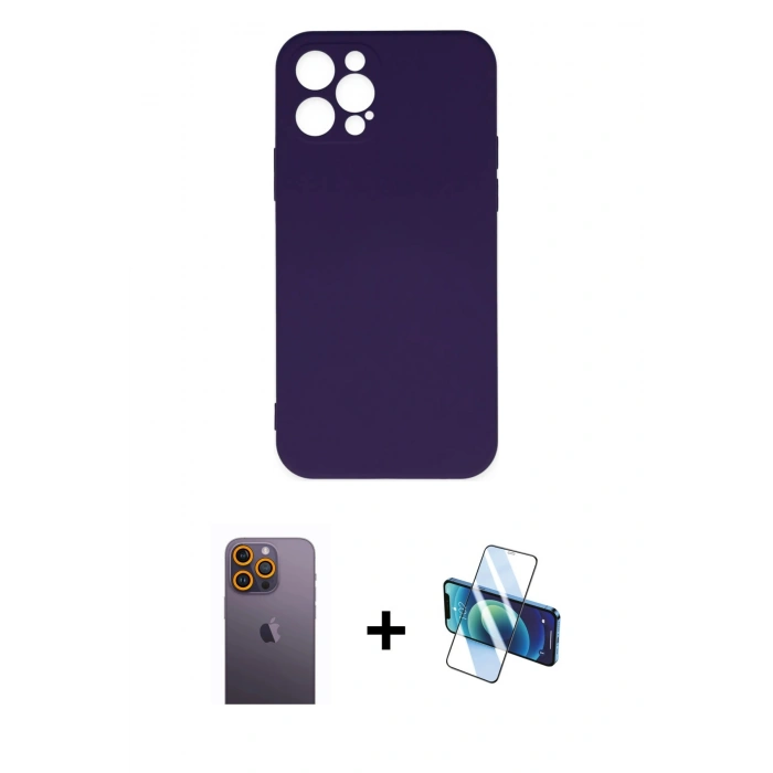 MARSİLYAN™- iPhone 12 Pro Max Kılıf Ahenk Serisi - Siyah 3D Antistatik Cam Ekran Koruyucu + Neon Fosforlu Kamera Lens - SI