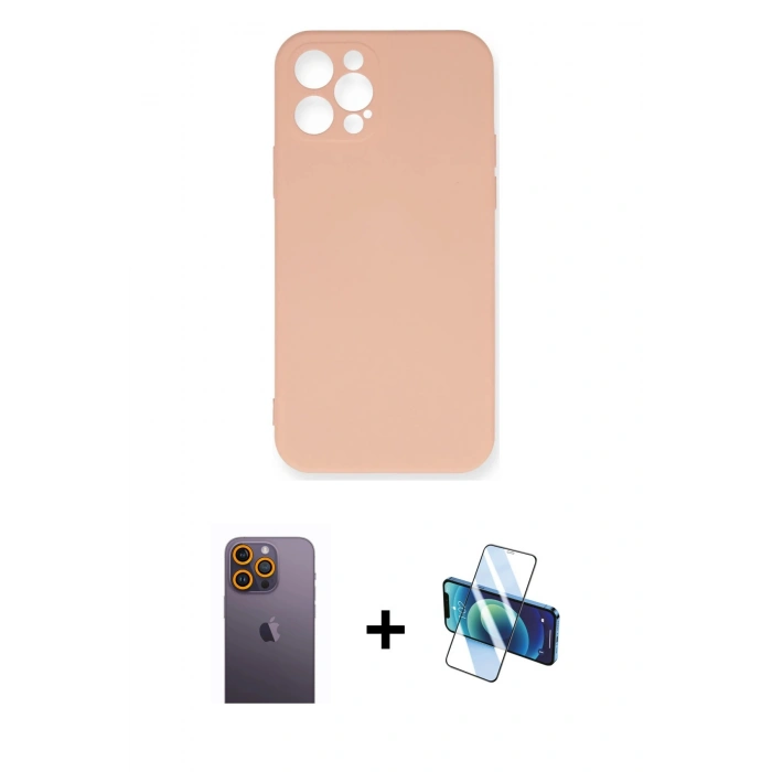 MARSİLYAN™- iPhone 12 Pro Max Kılıf Ahenk Serisi - Siyah 3D Antistatik Cam Ekran Koruyucu + Neon Fosforlu Kamera Lens - SI