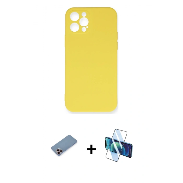 MARSİLYAN™- iPhone 12 Pro Max Kılıf Ahenk Serisi - Siyah 3D Antistatik Cam Ekran Koruyucu + Shine Kamera Lens Koruma Cam - PE