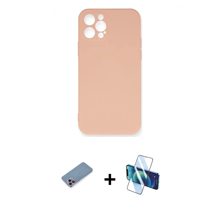 MARSİLYAN™- iPhone 12 Pro Max Kılıf Ahenk Serisi - Siyah 3D Antistatik Cam Ekran Koruyucu + Shine Kamera Lens Koruma Cam - PE