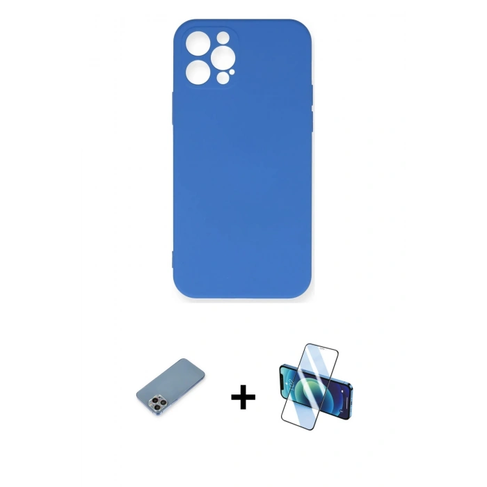 MARSİLYAN™- iPhone 12 Pro Max Kılıf Ahenk Serisi - Siyah 3D Antistatik Cam Ekran Koruyucu + Shine Kamera Lens Koruma Cam - GI