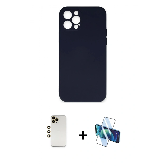 MARSİLYAN™- iPhone 12 Pro Max Kılıf Ahenk Serisi - Siyah 3D Antistatik Cam Ekran Koruyucu + Shine Kamera Lens - GD