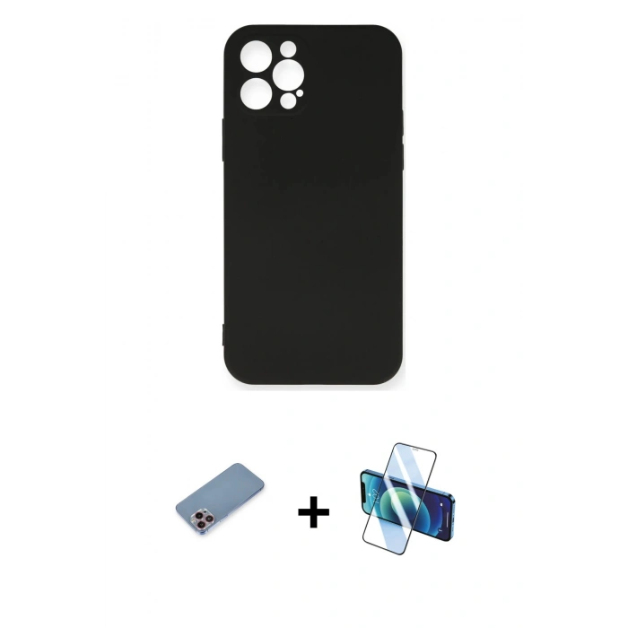 MARSİLYAN™- iPhone 12 Pro Max Kılıf Ahenk Serisi - Siyah 3D Antistatik Cam Ekran Koruyucu + Shine Kamera Lens Koruma Cam - PE