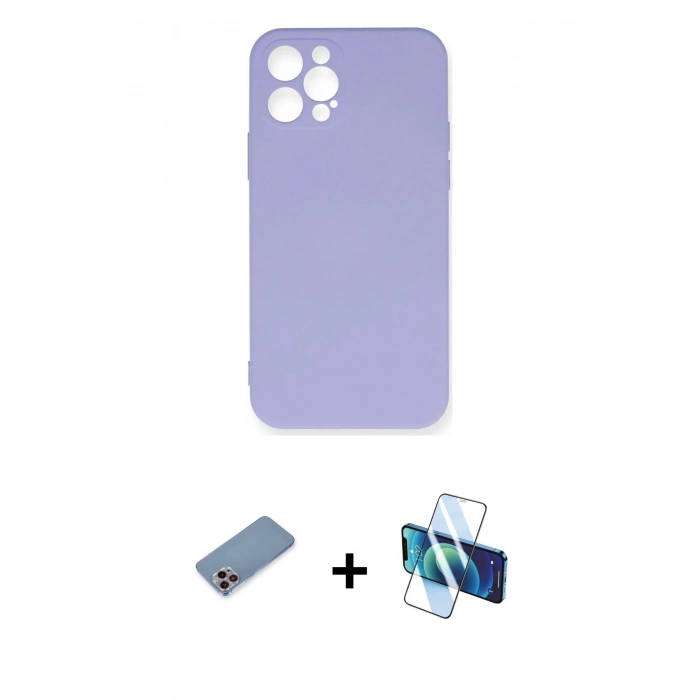 MARSİLYAN™- iPhone 12 Pro Max Kılıf Ahenk Serisi - Siyah 3D Antistatik Cam Ekran Koruyucu + Shine Kamera Lens Koruma Cam - PE