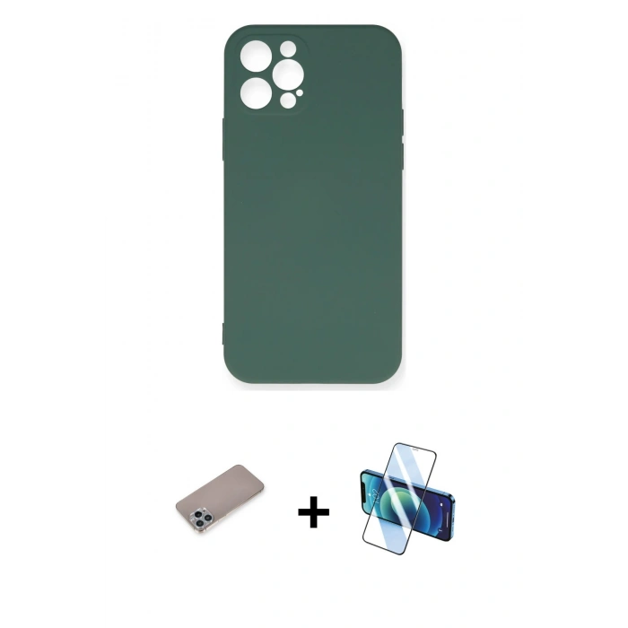 MARSİLYAN™- iPhone 12 Pro Max Kılıf Ahenk Serisi - Siyah 3D Antistatik Cam Ekran Koruyucu + Shine Kamera Lens Koruma Cam - SABE
