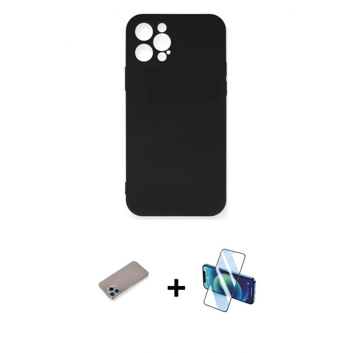 MARSİLYAN™- iPhone 12 Pro Max Kılıf Ahenk Serisi - Siyah 3D Antistatik Cam Ekran Koruyucu + Shine Kamera Lens Koruma Cam - SABE