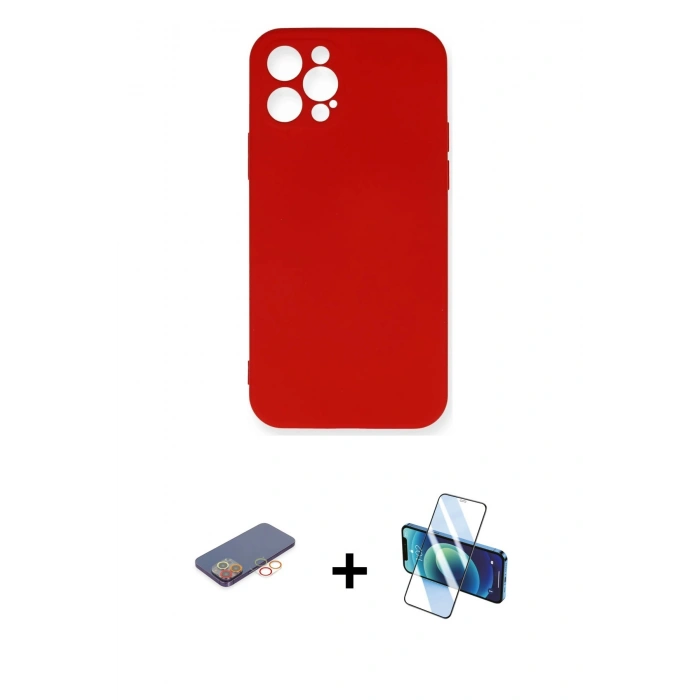 MARSİLYAN™- iPhone 12 Pro Max Kılıf Ahenk Serisi - Siyah 3D Antistatik Cam Ekran Koruyucu + Renkli Kamera Lens Koruma Cam - TU