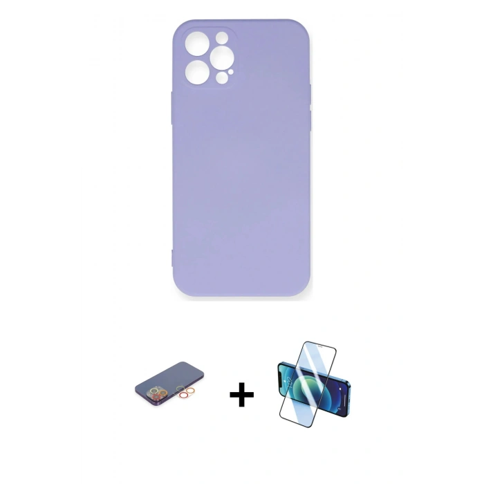 MARSİLYAN™- iPhone 12 Pro Max Kılıf Ahenk Serisi - Siyah 3D Antistatik Cam Ekran Koruyucu + Renkli Kamera Lens Koruma Cam - TU