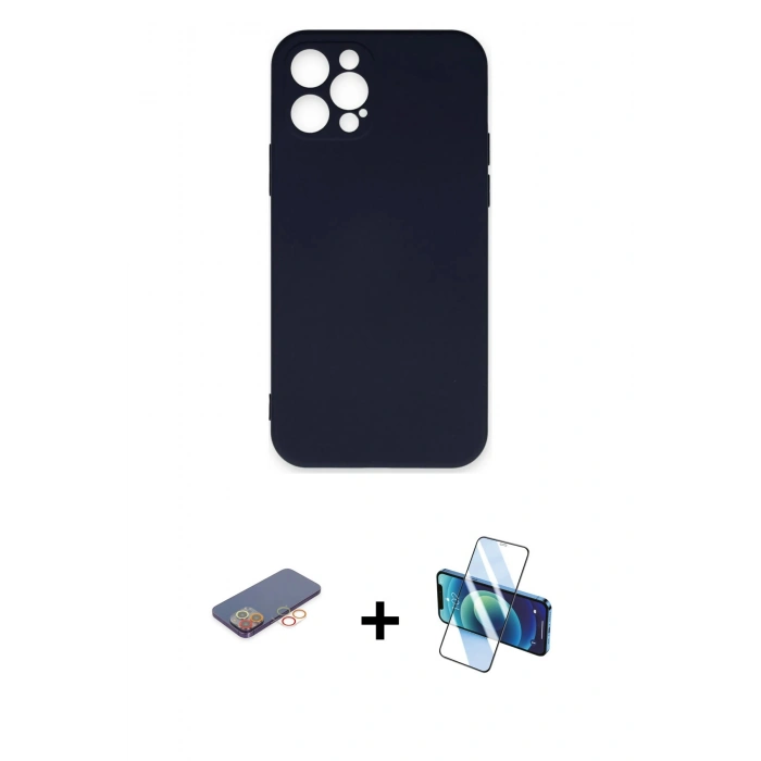 MARSİLYAN™- iPhone 12 Pro Max Kılıf Ahenk Serisi - Siyah 3D Antistatik Cam Ekran Koruyucu + Renkli Kamera Lens Koruma Cam - TU