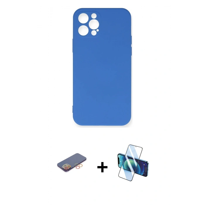 MARSİLYAN™- iPhone 12 Pro Max Kılıf Ahenk Serisi - Siyah 3D Antistatik Cam Ekran Koruyucu + Renkli Kamera Lens Koruma Cam - TU