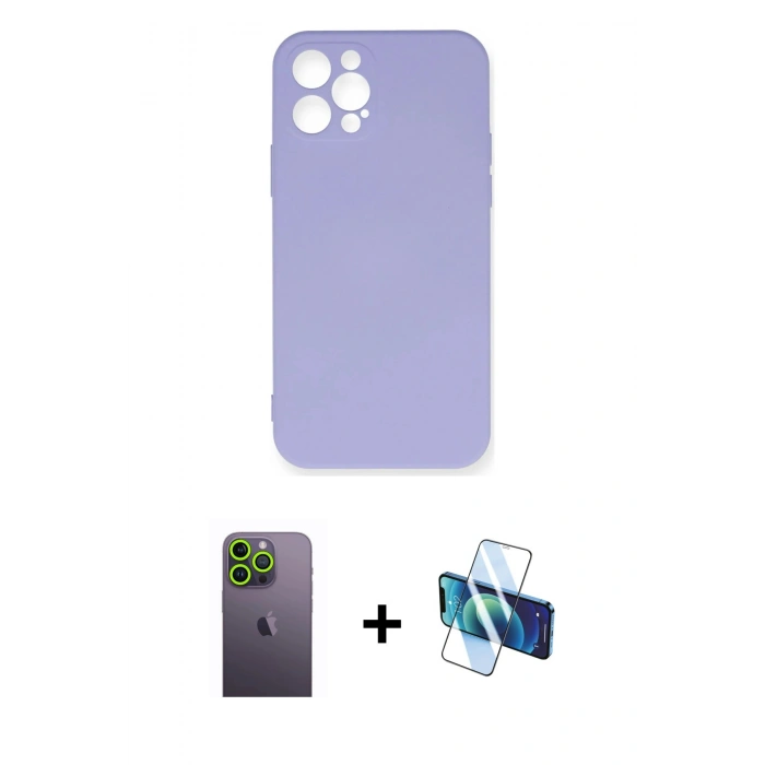 MARSİLYAN™- iPhone 12 Pro Max Kılıf Ahenk Serisi - Siyah 3D Antistatik Cam Ekran Koruyucu + Neon Fosforlu Kamera Lens - YL