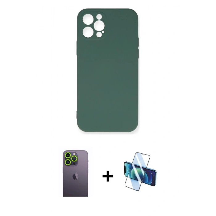 MARSİLYAN™- iPhone 12 Pro Max Kılıf Ahenk Serisi - Siyah 3D Antistatik Cam Ekran Koruyucu + Neon Fosforlu Kamera Lens - YL