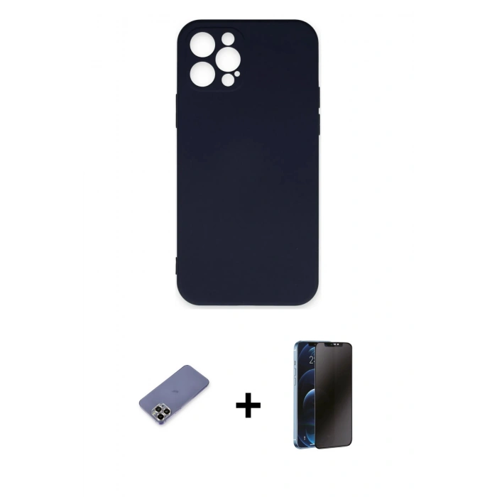 MARSİLYAN™- iPhone 12 Pro Max Kılıf Ahenk Serisi - Siyah 3D Antistatik Hayalet Cam Ekran Koruyucu + Metal Kamera Lens Koruma Cam - GD
