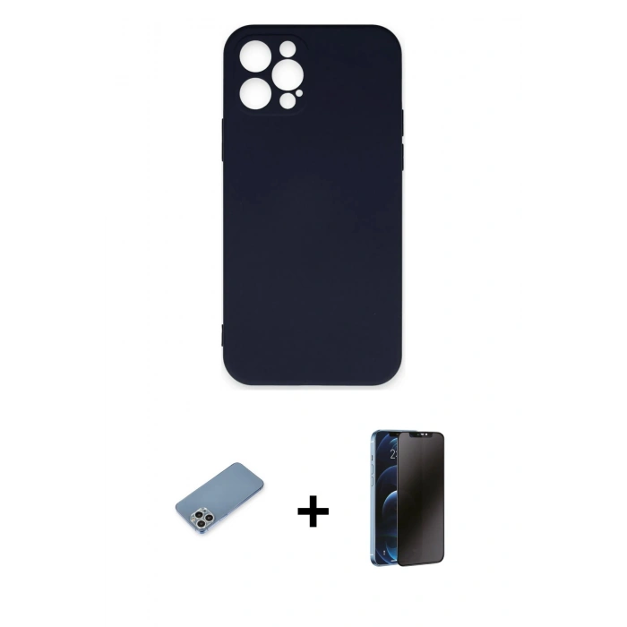 MARSİLYAN™- iPhone 12 Pro Max Kılıf Ahenk Serisi - Siyah 3D Antistatik Hayalet Cam Ekran Koruyucu + Shine Kamera Lens Koruma Cam - GS