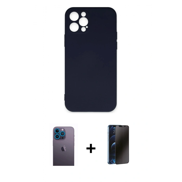 MARSİLYAN™- iPhone 12 Pro Max Kılıf Ahenk Serisi - Siyah 3D Antistatik Hayalet Cam Ekran Koruyucu + Neon Fosforlu Kamera Lens - MI