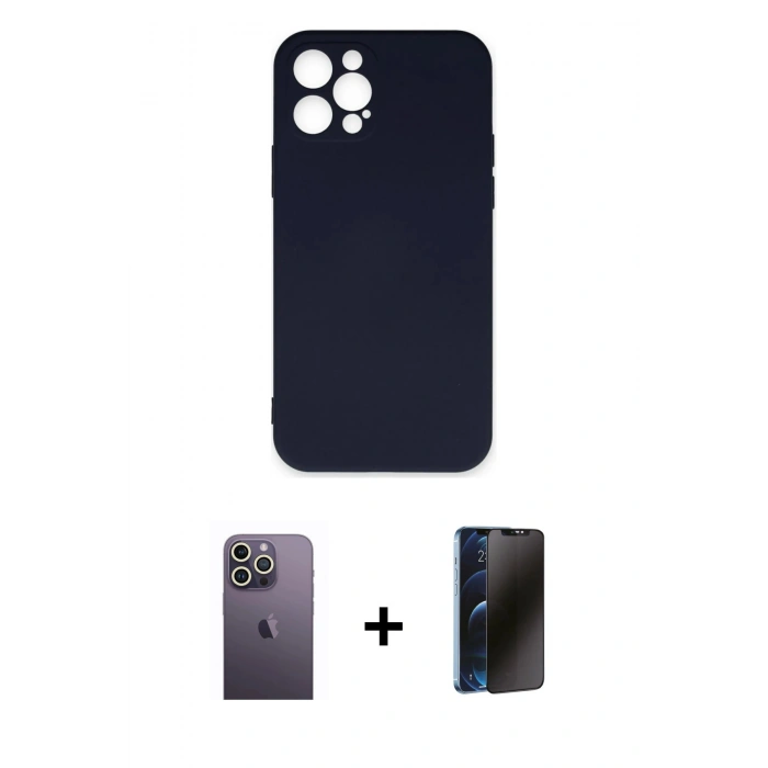 MARSİLYAN™- iPhone 12 Pro Max Kılıf Ahenk Serisi - Siyah 3D Antistatik Hayalet Cam Ekran Koruyucu + Neon Fosforlu Kamera Lens - BZ