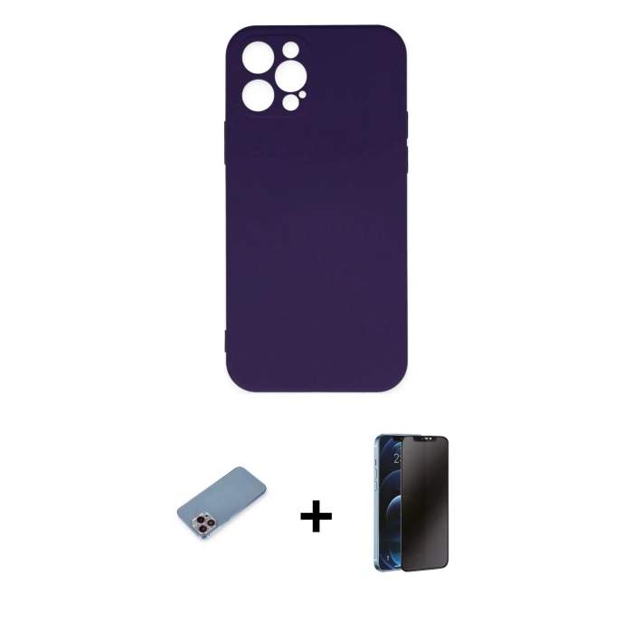 MARSİLYAN™- iPhone 12 Pro Max Kılıf Ahenk Serisi - Siyah 3D Antistatik Hayalet Cam Ekran Koruyucu + Pembe Shine Kamera Lens Koruma Cam